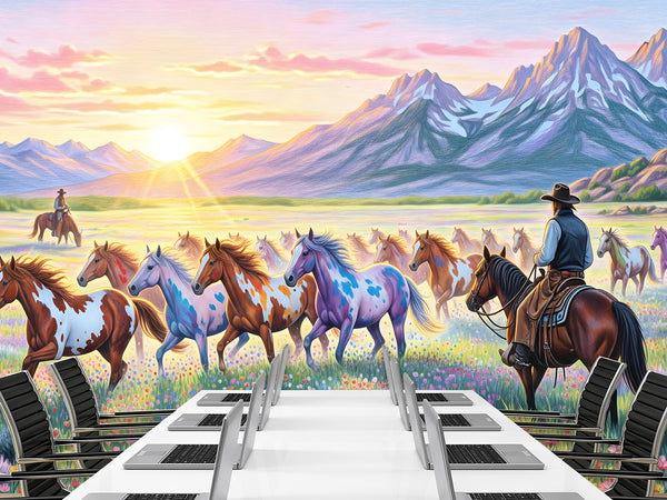 Wild West Art — Non-Woven Mural, Cowboys Watching a Herd of Horses, Wall Print for Office or Living Room