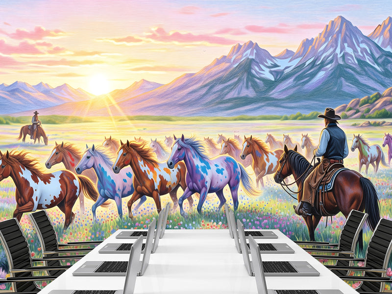 Wild West Art — Non-Woven Mural, Cowboys Watching a Herd of Horses, Wall Print for Office or Living Room