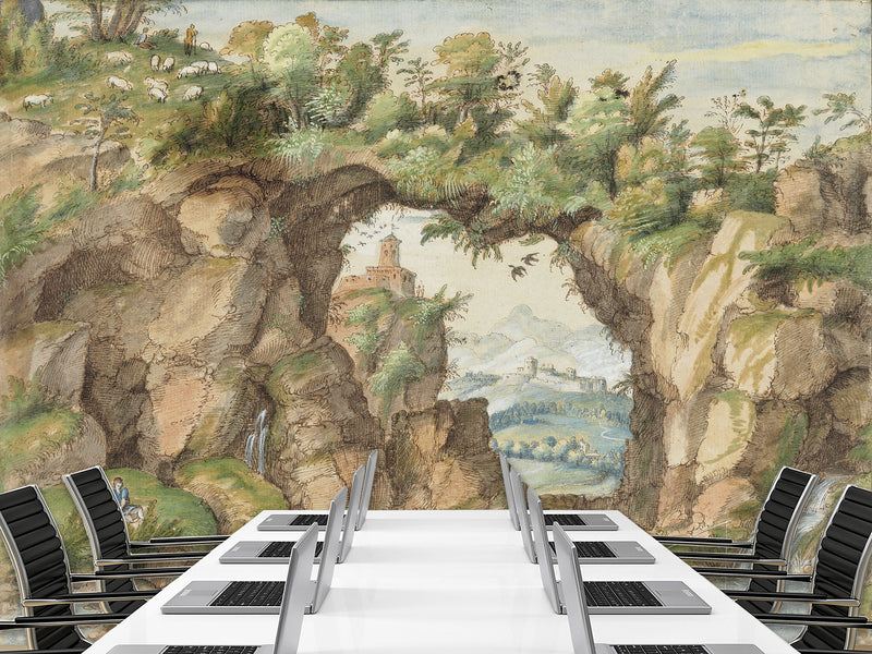 Non-Woven Art Wallpaper – “A Rocky Arch by a Stream” by Gherardo Cibo – Wall Mural for Living Room, Bedroom & Office