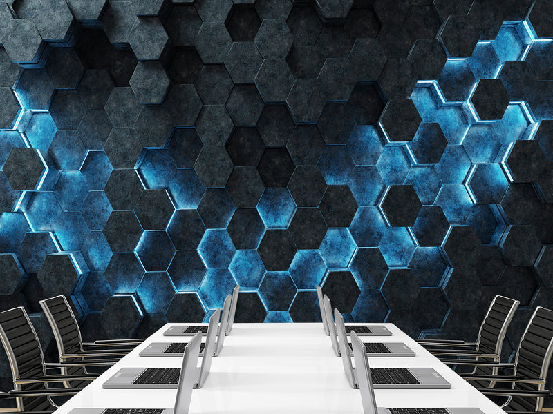 Non-Woven Wallpaper for Office & Home Workspace – Modern Wall Decor – Black-Blue Hexagons