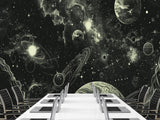 Vinyl Wallpaper Pell and  Stick Print For Living Room Or Bedroom, Full-Wall Design Mural “Cosmic Motion: Planets And Stars” — Perfect For An Accent Wall