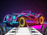 Self-Adhesive Wall Mural for Home Interior Peel and Stick Wallpaper Retro Car in Neon Lights Prant for Bedroom or Gym