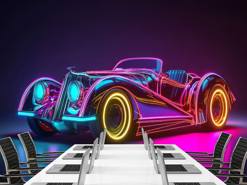 Self-Adhesive Wall Mural for Home Interior Peel and Stick Wallpaper Retro Car in Neon Lights Prant for Bedroom or Gym