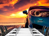 Non-Woven Photo Wallpaper Design For Gym, Living Room, Lounge Area "SUV On The Pier Lit By Sunset"