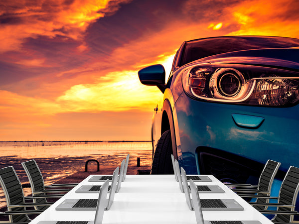 Non-Woven Photo Wallpaper Design For Gym, Living Room, Lounge Area "SUV On The Pier Lit By Sunset"