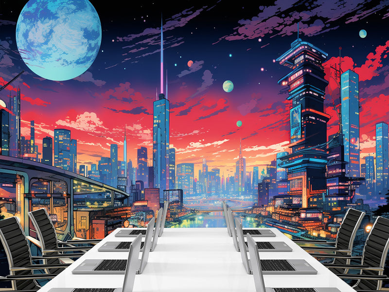 High-Quality Full-Wall Vinyl Wallpaper Peel and Stick for Office or Gym – "Cityscape Inspired by Anime", Modern Design Mural