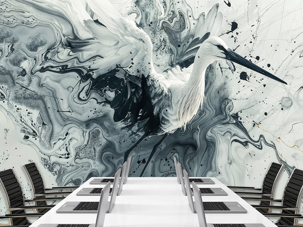 Full-Wall Peel and Stick Wallpaper – Art Print "Dance of the Stork in Abstraction" Mural for Office, Study, or Living Room