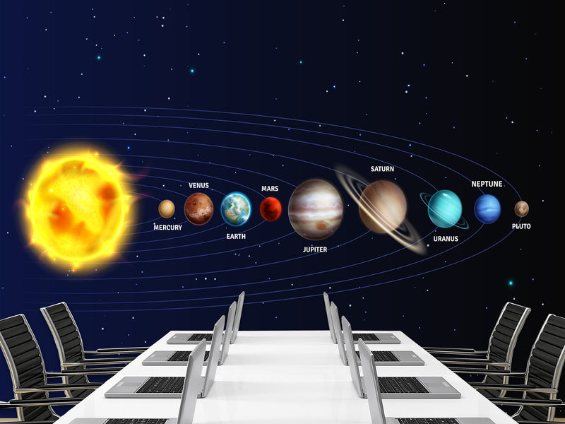 Traditional Wallpaper Mural – Solar System: From the Sun to Pluto – Full Wall Design for Office or Workspace