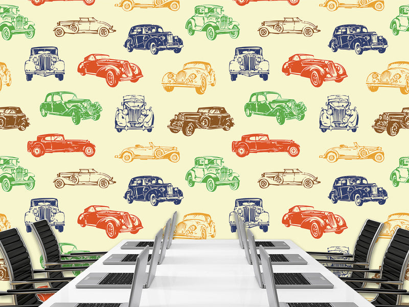 Non-Woven Photo Wallpaper Multicolored Vintage Cars – Colorful Accent for Office or Living Space