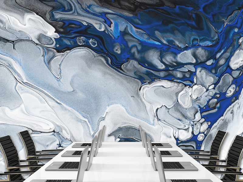 Art Print Design Non-Woven Wallpaper For Living Room, Relax Zone, Bedroom Abstraction "Blue Marble Waves"