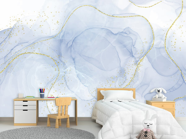 3D Self-Adhesive Wallpaper With Art Print For Office Area, Abstract “White And Blue Abstraction For Comfort”