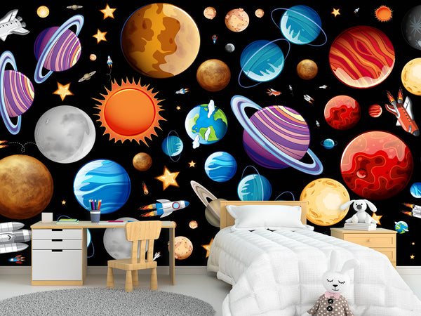 Self-Adhesive Full-Wall Wallpaper, In-House Production — Wall Mural For Living Room Or Kids’ Room “Vibrant Planets”.