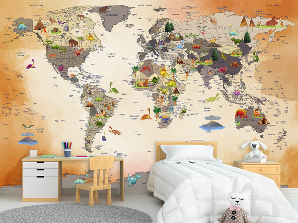 Non-Woven Mural 3D Effect Kids' World Map Wallpaper with Dinosaurs – Wall Mural for Children’s Room