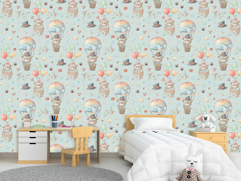 Peel and Stick Full Wall Mural Teddy Bear Hot Air Balloon Ride for Kids Room/Toddler Room