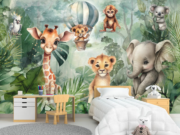 Non-Woven Traditional Wall Wallpaper for Kids' Room "Tropical Safari" – Kids's Room Decor