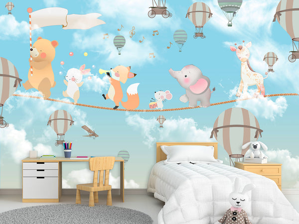 Non-Woven Photo Wallpaper for Kids' Room Circus Animals on a Rope Soft & Gentle Design
