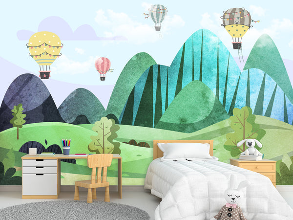 Traditional Full Wall Mural for Nursery or Kids Room Hot Air Balloon Forest Wallpaper