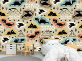 Dino Print Vinyl Peel and Stick Mural For Teen Room, Statement Wall In Office Or Workout Zone "Various Dinosaurs"