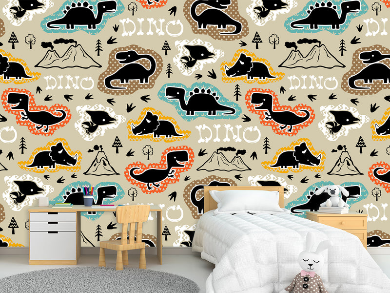 Dino Print Vinyl Peel and Stick Mural For Teen Room, Statement Wall In Office Or Workout Zone "Various Dinosaurs"