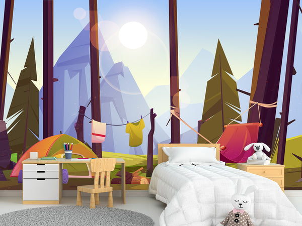 Non-Wowen Wallpaper Wallpaper For Toddlers – Camping In The Forest Cartoon-Style Kids Room Decor