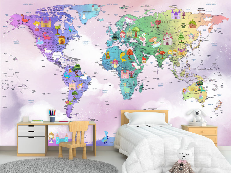 Peel and Stick Vinyl Wallpaper Rainbow-Colored Kids' World Map Mural – Interactive Print for Kids' Room