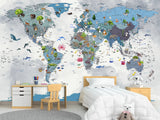 Full Wall Print For Kids Room – Peel and Stick Vinyl Mural Kids World Map With Animals