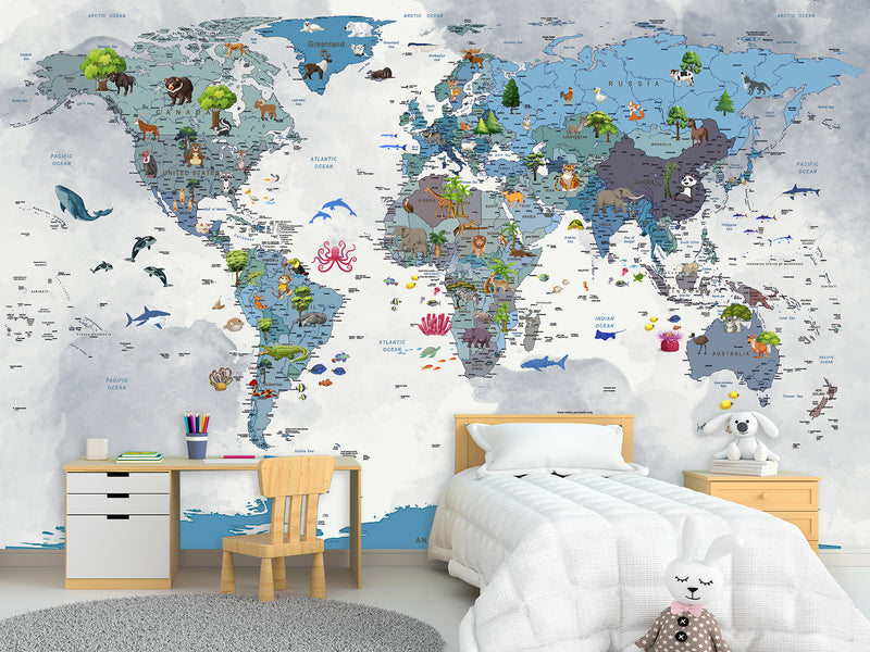 Full Wall Print For Kids Room – Peel and Stick Vinyl Mural Kids World Map With Animals