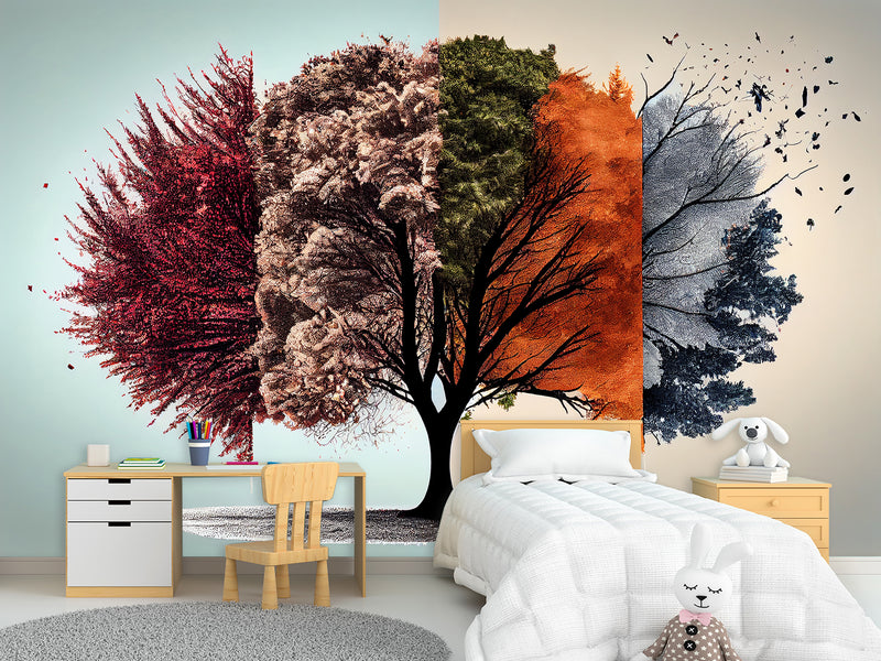 Beautiful Modern Non-Woven Full-Wall Wallpapers For Home, Office "Tree Of Seasons"