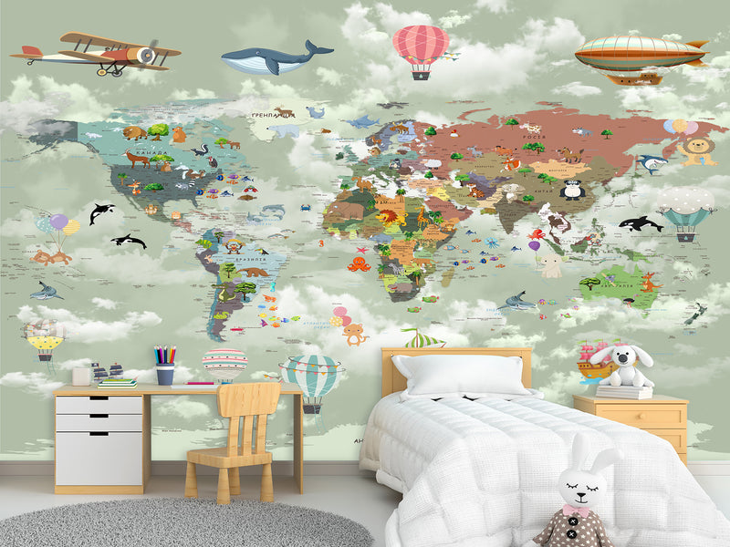 Decor for Kids room, Peel and Stick Oracal film with the pattern “Kids map of the world”