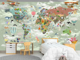 Non-Woven Mural 3D Effect Kids' World Map Wallpaper with Funny Animals – Wall Mural for Children’s Room
