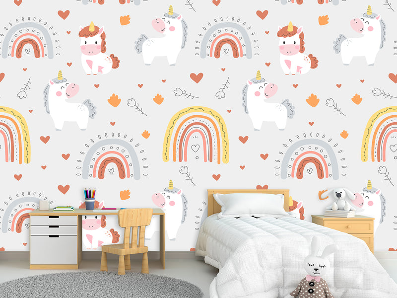 Peel and stick mural on the wall for the kid room Rainbow Unicorn Wallpaper for Kids – Cute & Magical Tots Wall Design