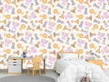 Baby Savannah Animals Self-Adhesive Wallpaper For Kids Room, Print With Lions, Elephants, Giraffes, And Monkeys