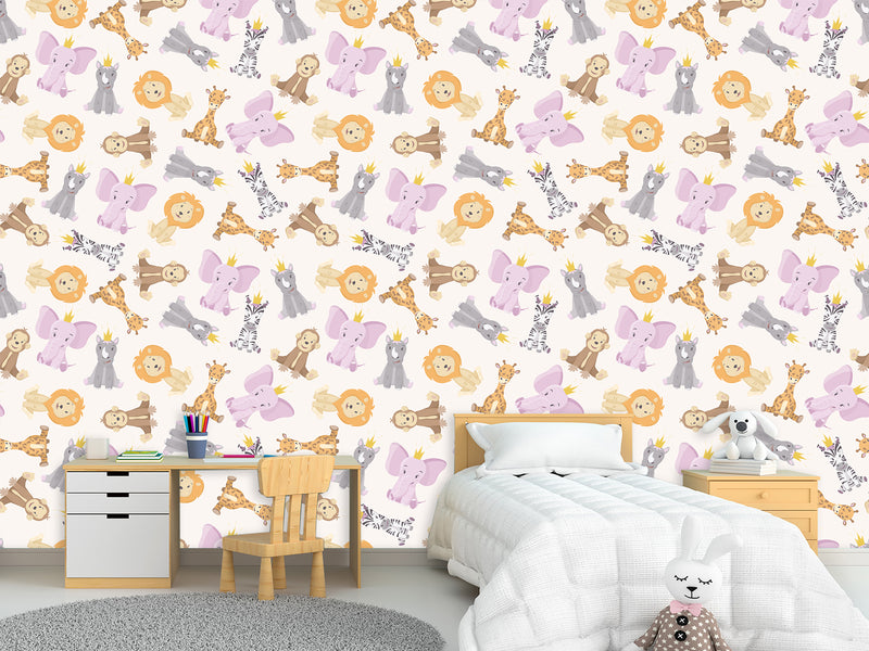 Baby Savannah Animals Self-Adhesive Wallpaper For Kids Room, Print With Lions, Elephants, Giraffes, And Monkeys
