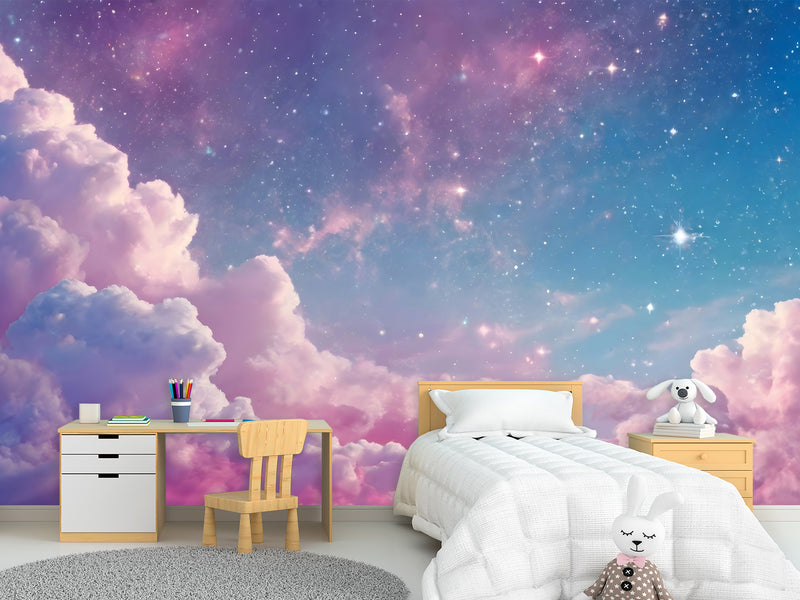 Fairy Tale Self-Adhesive Wallpaper For Kids, Artistic Style Wall Mural Design "Purple Pink Starry Sky" ✨