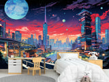 High-Quality Full-Wall Vinyl Wallpaper Peel and Stick for Office or Gym – "Cityscape Inspired by Anime", Modern Design Mural