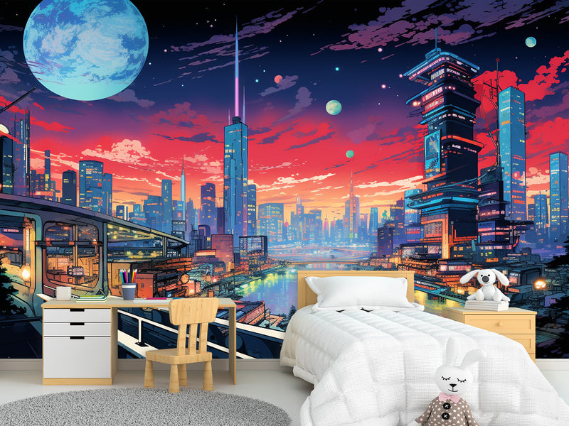 High-Quality Full-Wall Vinyl Wallpaper Peel and Stick for Office or Gym – "Cityscape Inspired by Anime", Modern Design Mural