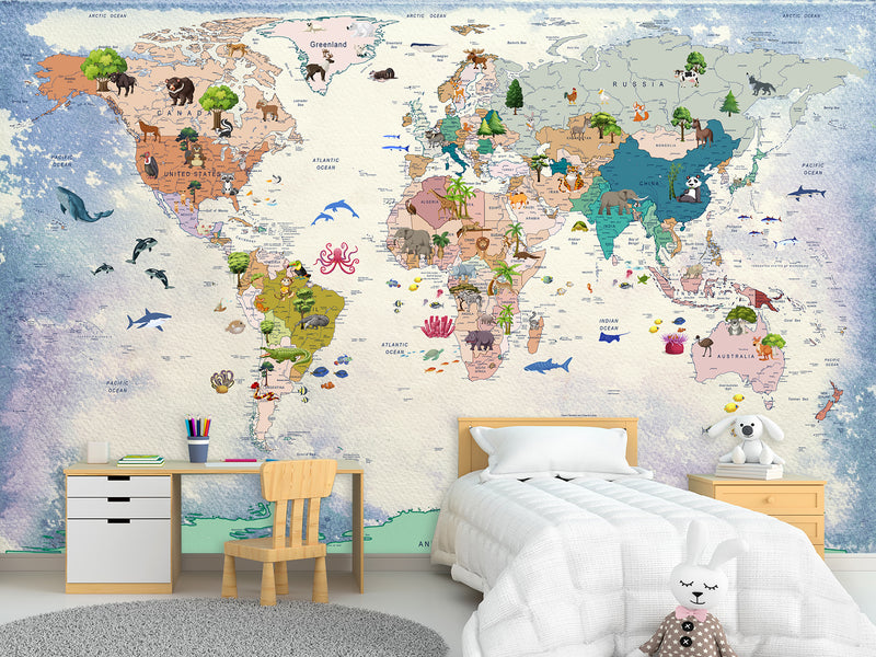 Decor for Kids room, Vinyl Wallpaper Peel and Stick with the pattern “Kids map of the world”