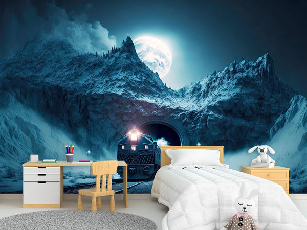 Full-Size Traditional Wallpaper Mural For Bedroom Or Living Room - Print Polar Express In Mountain Tunnel