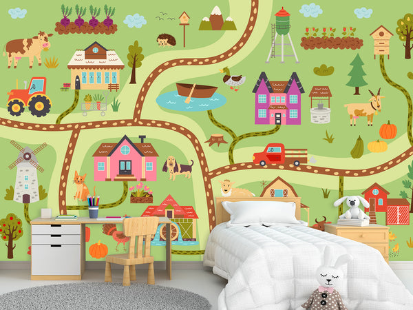 Peel and Stick Wallpaper  Full WallMural – Road Through Village Design for Kids Room & Playroom