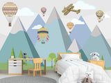 Peel & Stick Mural Full Wall Print For Kids Room Hot Air Balloon Race Over Mountains