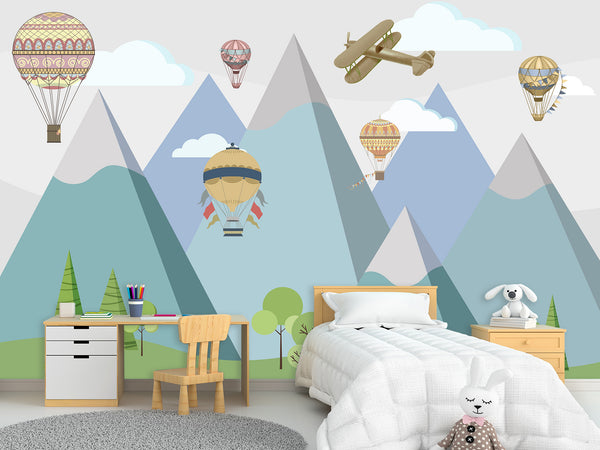 Peel & Stick Mural Full Wall Print For Kids Room Hot Air Balloon Race Over Mountains