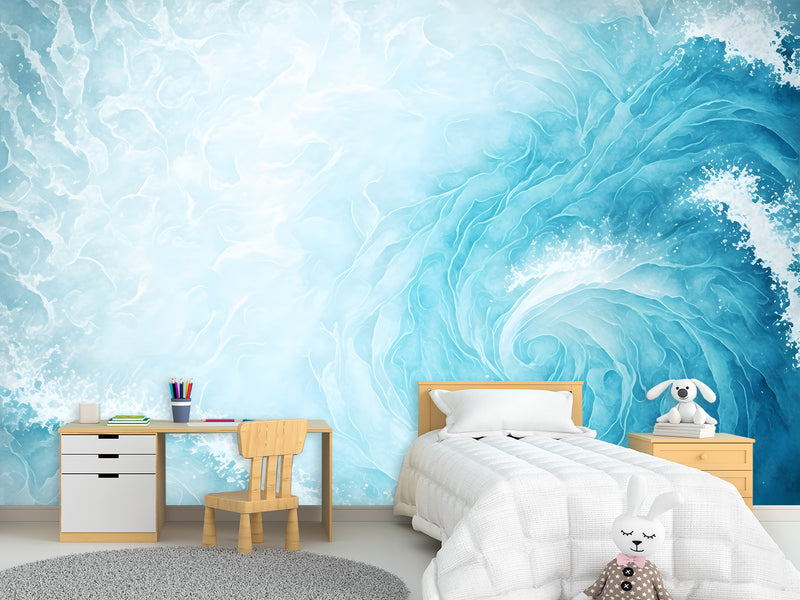 Abstract Self-Adhesive Wallpaper For Lounge Area, Relaxation, Bedroom 'Pastel Blue Wave Shape' Full-Wall 🌊
