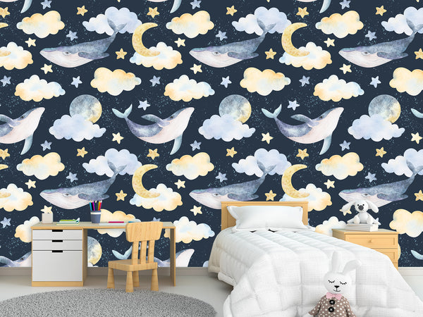 Peel and Stick Wallpaper Kids Mural Ocean Animal Wall Decor Whales And Clouds Print For Children’s Room