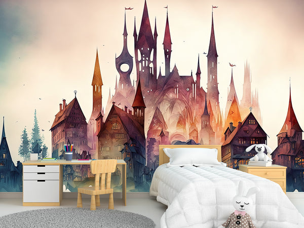 Peel and Stick Wall Mural Art Decor for Kids' Room or Playroom – Fairy Tale Town on a Hill