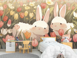 Vinyl Wallpaper Peel and Stick Mural for Kids' Room, Playroom, or Relaxation Area – "Bunnies in a Flower Field"