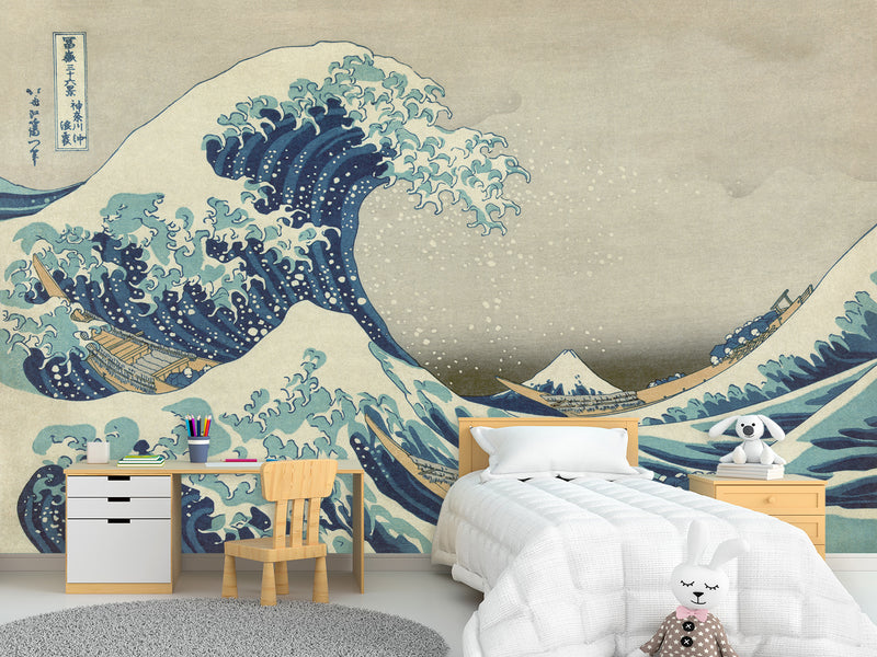 Non-Woven Full Wall Vintage Style Art Print Wallpaper, Japanese Style "The Great Wave Off Kanagawa"