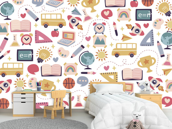 Peel & Stick Mural Full Wall Print For Kids Room "School-Themed Collage" Design for Kids' Study Area