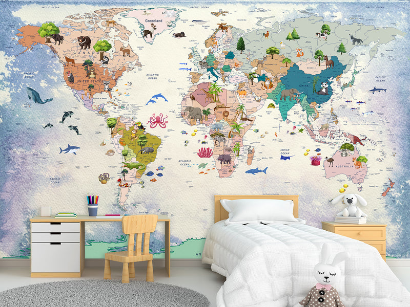 Self-Adhesive Mural For Kids Room Interactive World Map For Children Full Wall