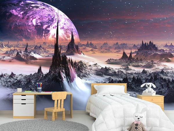 Peel and Stik Mural Wallpaper For Teen Room – "Uncharted Cosmic Planet" Bedroom Decor