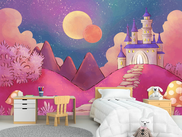 Vinyl Wallpaper Peel and Stick Mural Kids Room Decor Castle on a Pink Hill Pastel Color for Playroom